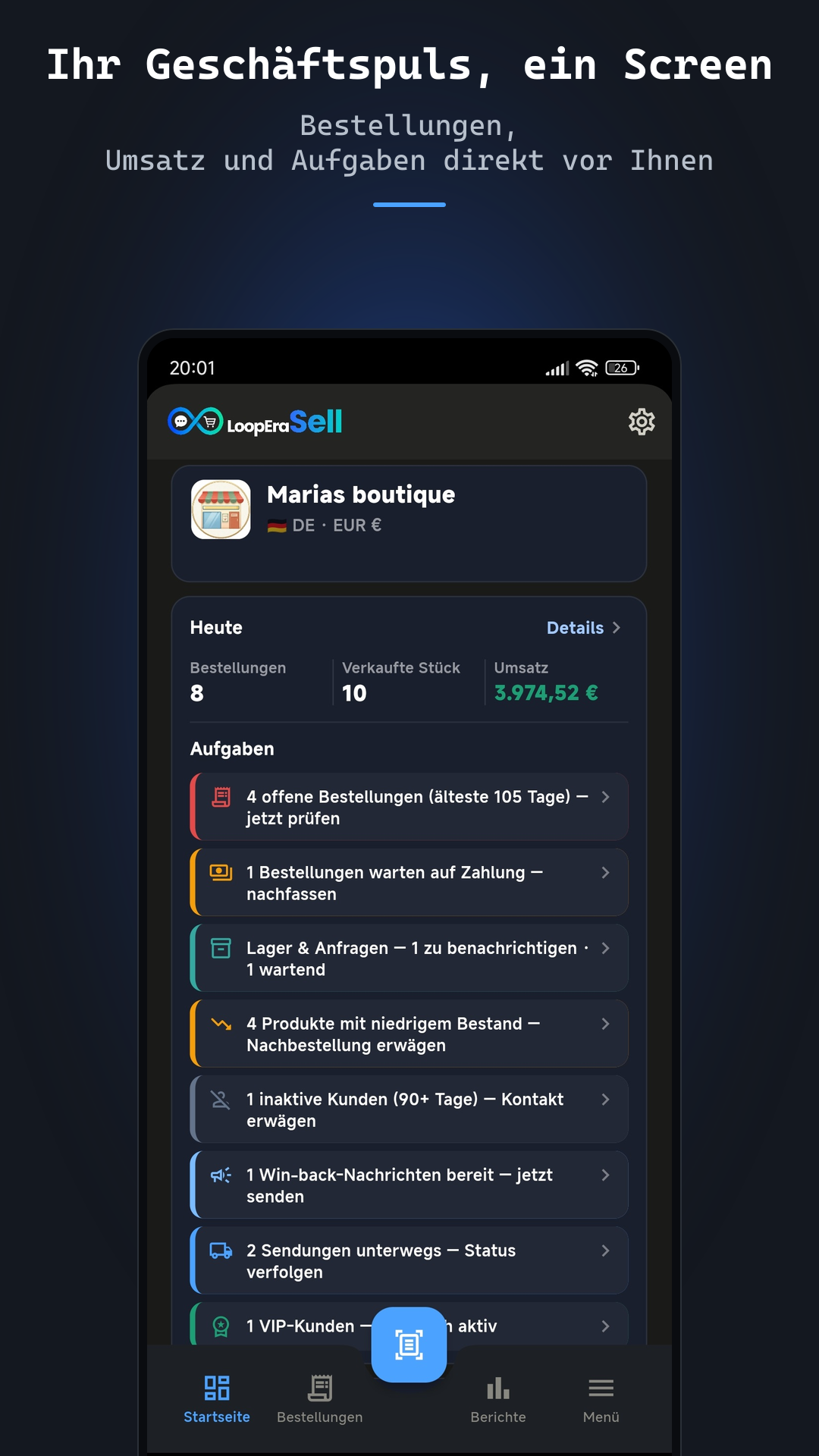 LoopEraSell Social-Selling- und Social-Commerce-App — Startbildschirm