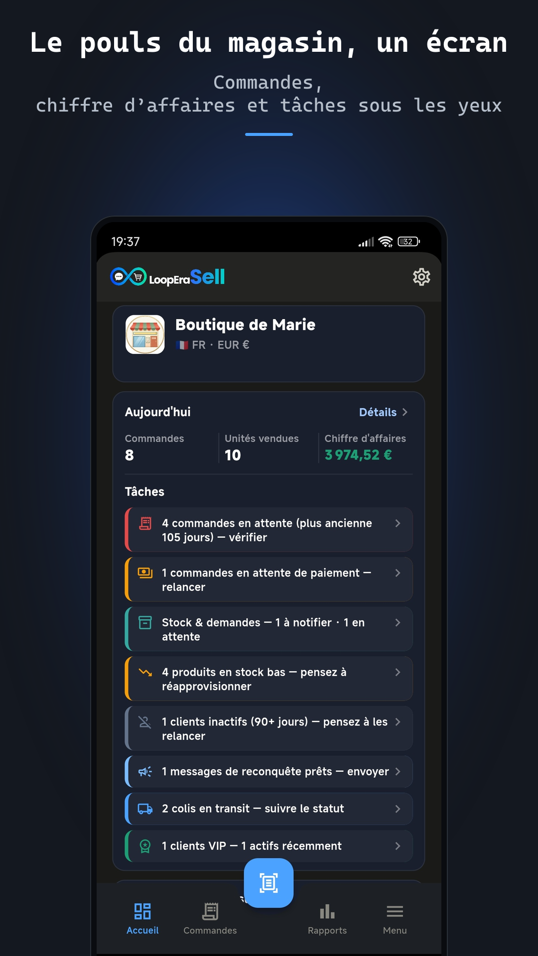 App LoopEraSell de social selling et social commerce — écran d’accueil
