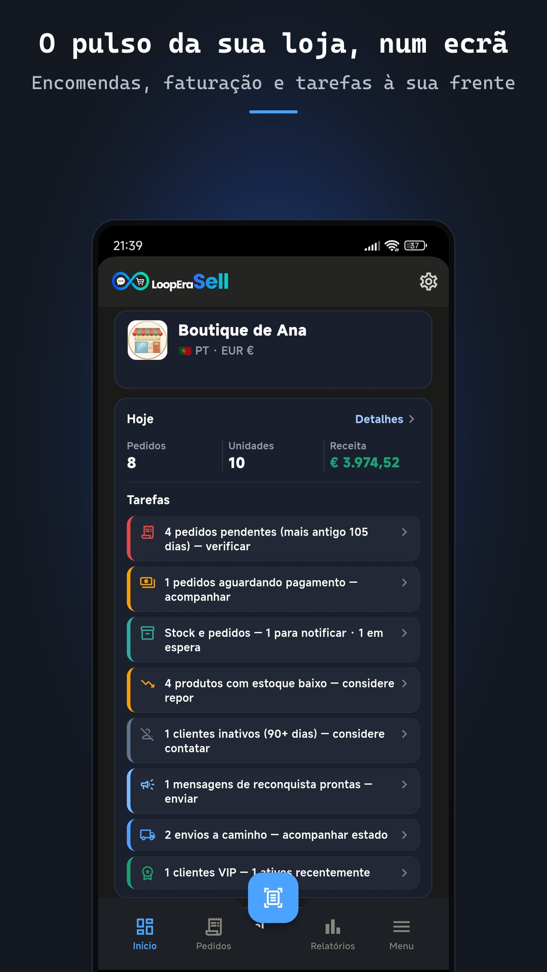 App LoopEraSell de social selling e social commerce — ecrã inicial